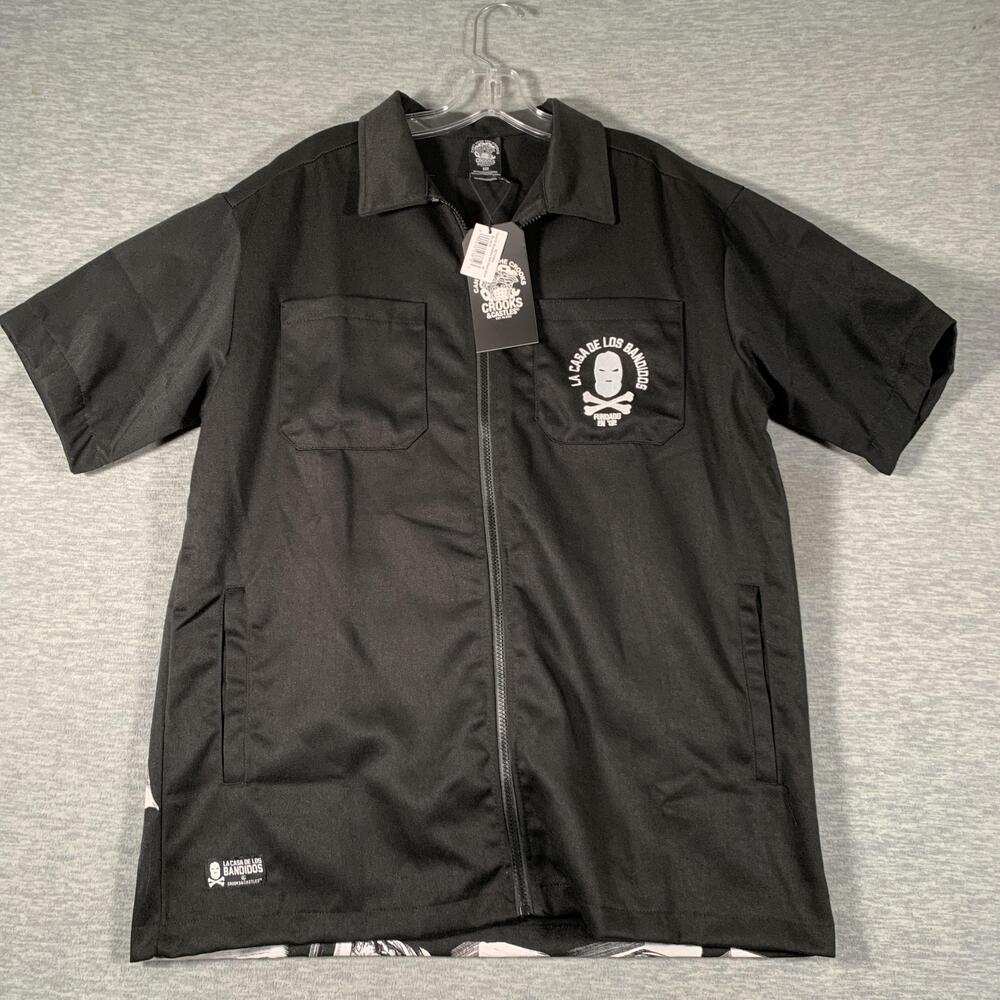 Crooks & Castles Shirt Mens Medium Black Zip Front Troublemakers Short Sleeve